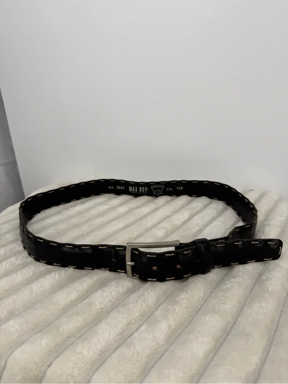 Max Boy Made In Italy Black Leather Men’s Belt with Contrast Stitching CM 130